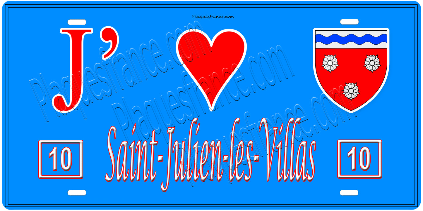 Plaque métal décorative, J' ❤️Saint-Julien-les-Villas, Aube, fond mur bleu 10