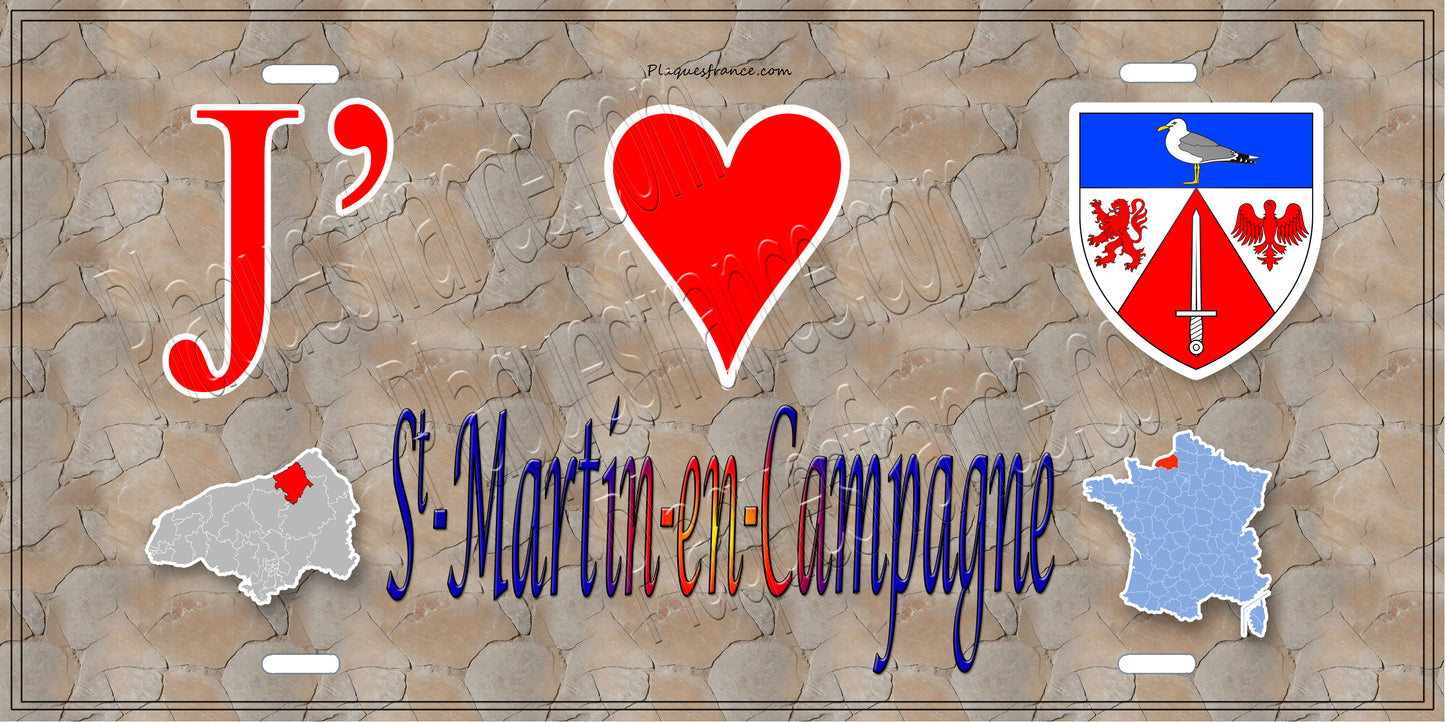 Plaque métal décorative 15x30 J' ❤️ Saint-Martin-en-Campagne, Seine Maritime (76) antique carte