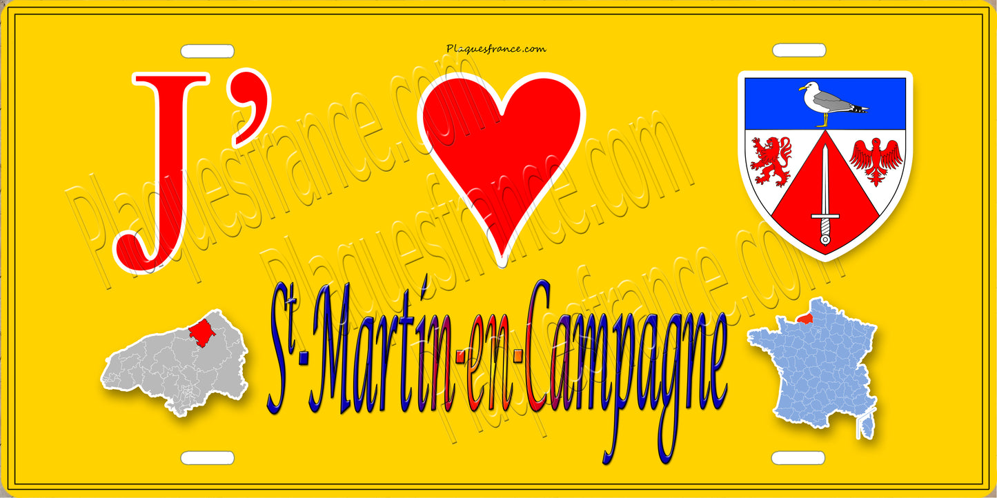 Plaque métal décorative 15x30 J' ❤️ Saint-Martin-en-Campagne, Seine Maritime (76) jaune carte
