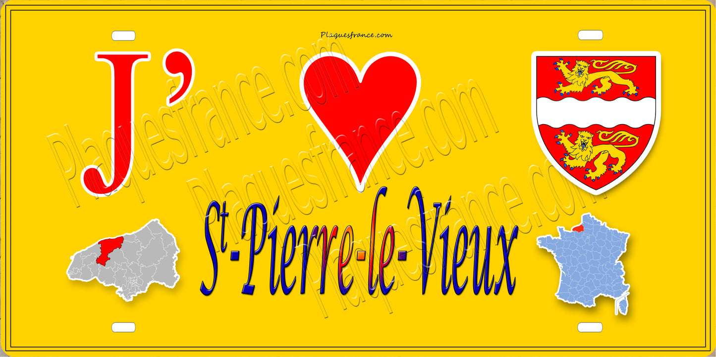 Plaque métal décorative 15X30 J' ❤️ Saint-Pierre-le-Vieux, Seine Maritime (76) jaune carte