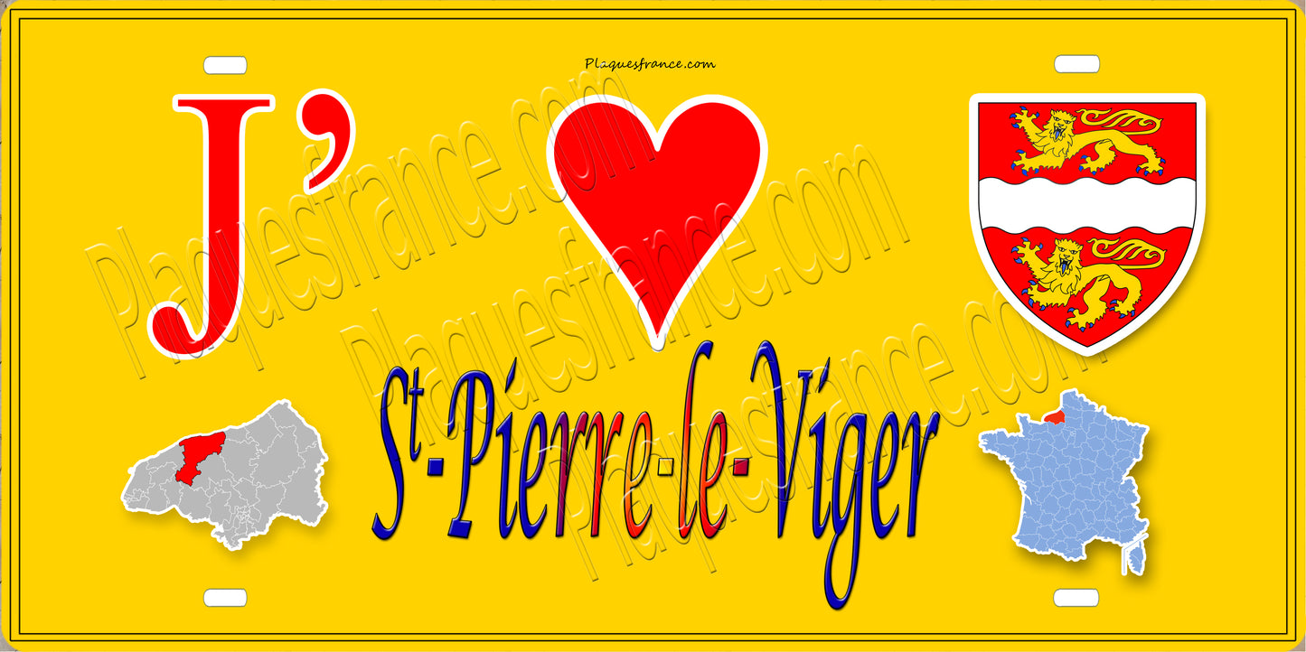 Plaque métal décorative 15X30 J' ❤️ Saint-Pierre-le-Viger, Seine Maritime (76) jaune carte