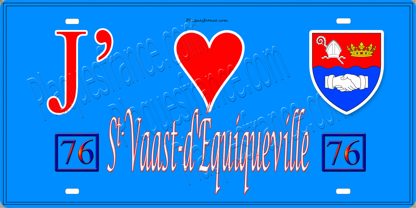 Plaque métal décorative J' ❤️ Saint-Vaast-d'Equiqueville, Seine Maritime (76) bleu