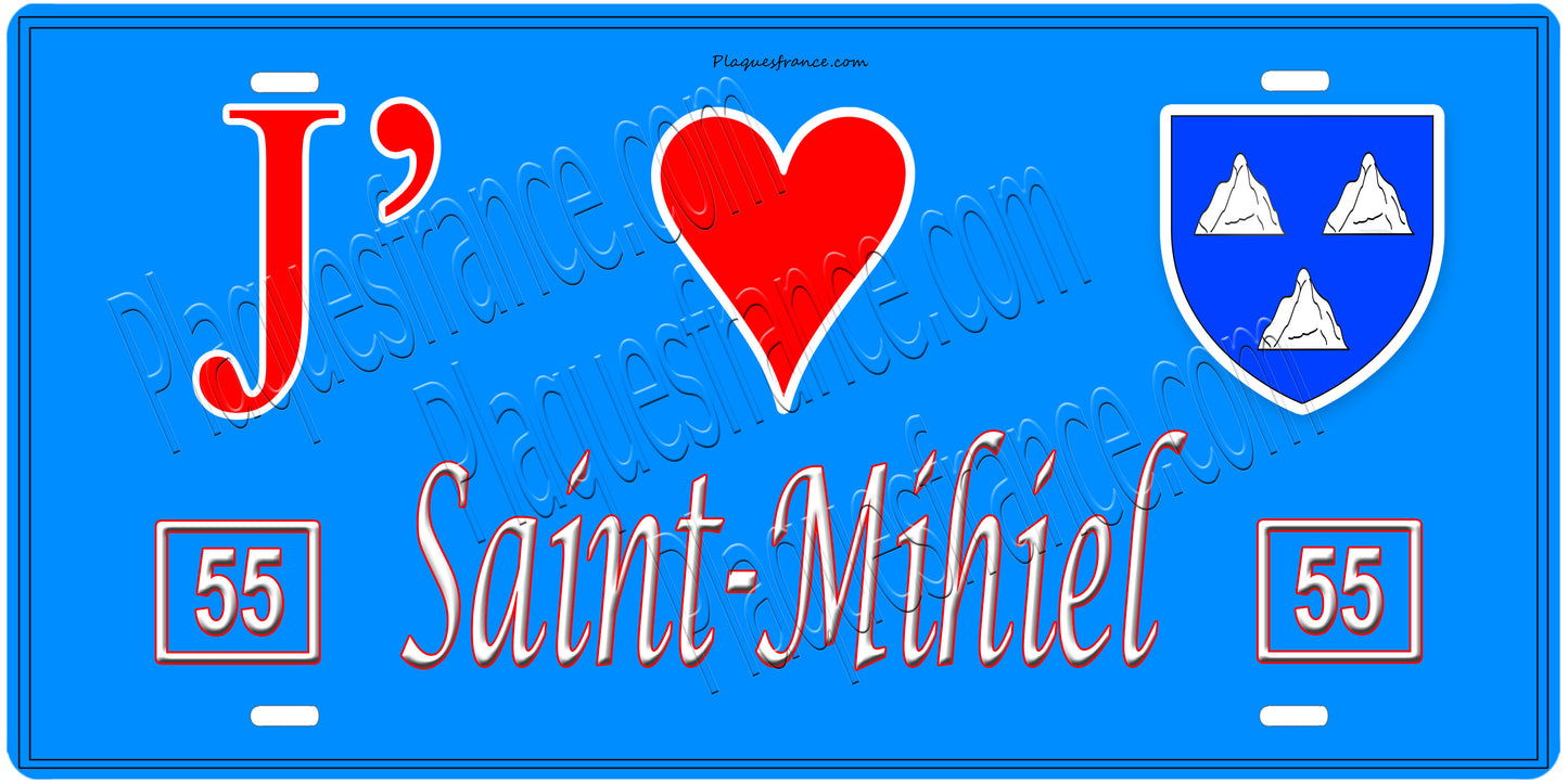 Plaque métal décorative, J' ❤️Saint-Mihiel, Meuse, fond mur bleu 55