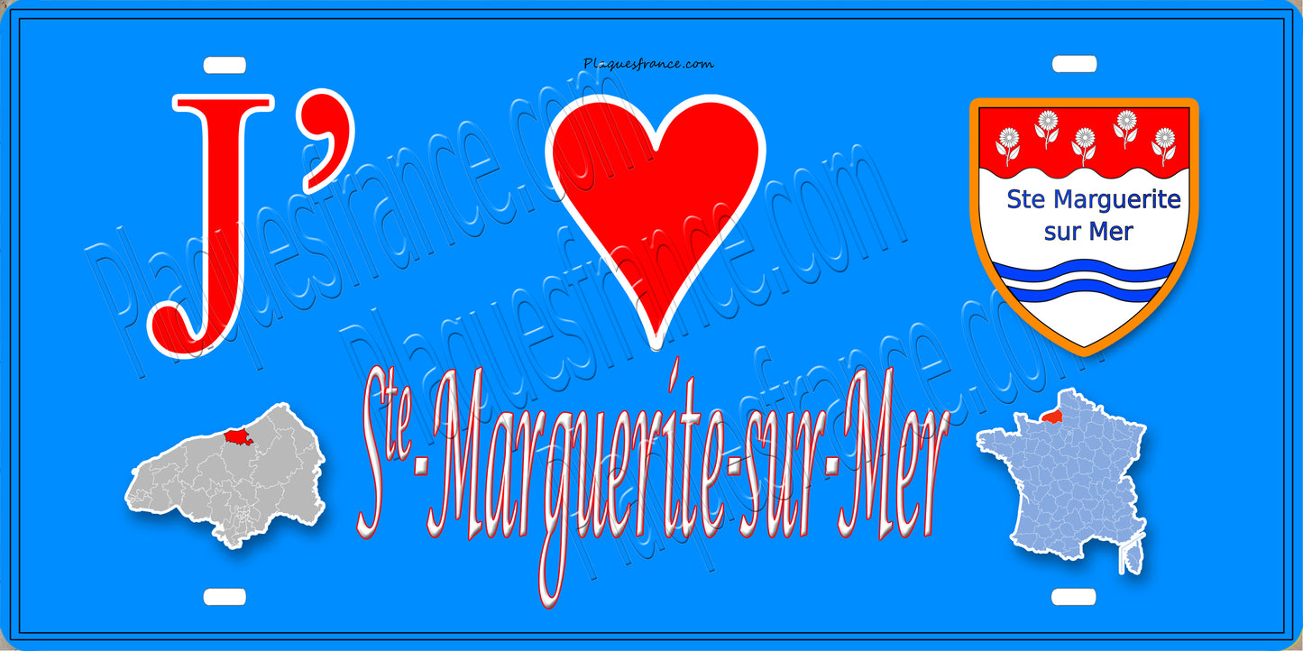Plaque métal décorative 15x30J' ❤️ Sainte-Marguerite-sur-Mer, Seine Maritime (76) bleu carte