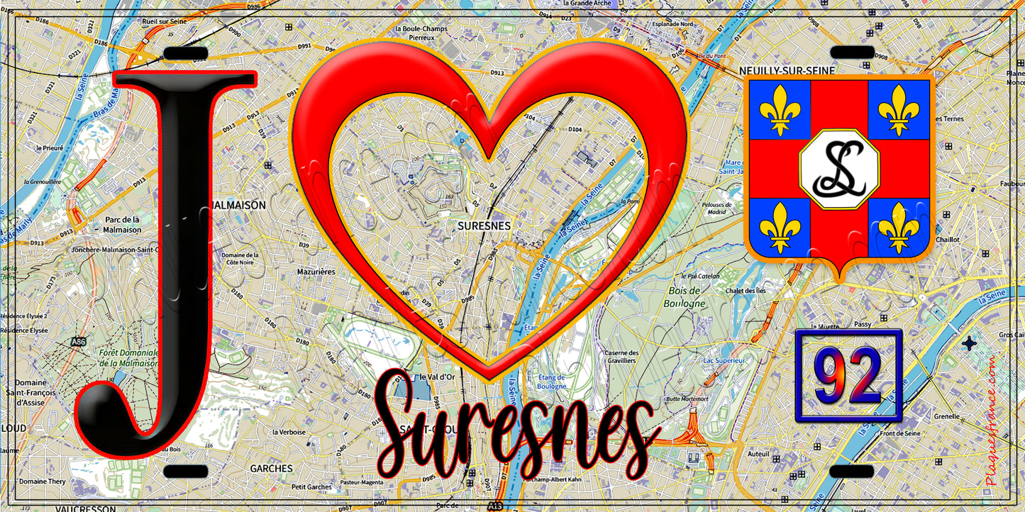 Plaque métal décorative J' ❤️ Suresnes, Hauts de Seine (92)