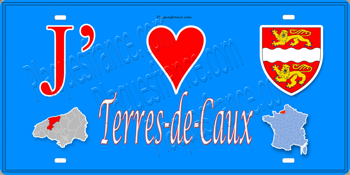 Plaque métal décorative 15X30 J' ❤️ Terres-de-Caux, Seine Maritime (76) bleu carte