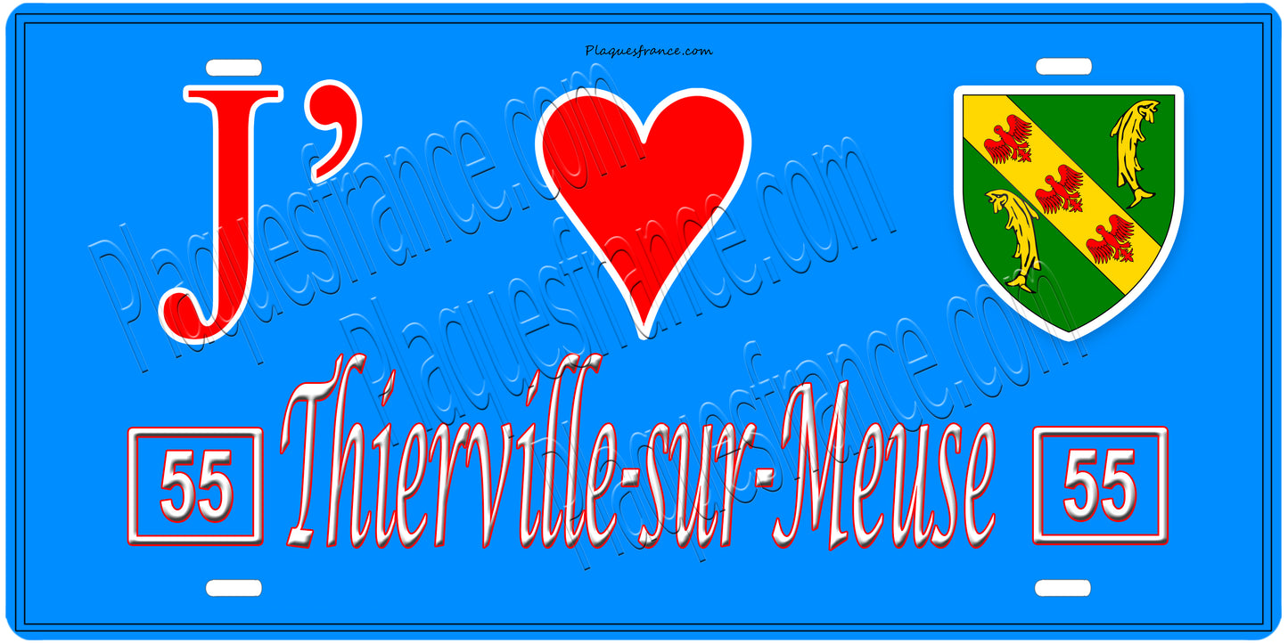 Plaque métal décorative, J' ❤️Thierville-sur-Meuse, Meuse, fond mur bleu 55