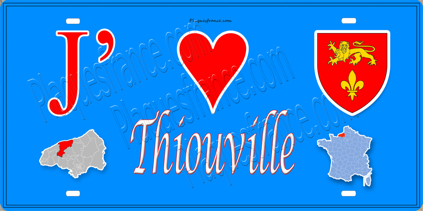 Plaque métal décorative 15X30 J' ❤️ Thiouville, Seine Maritime (76) bleu carte