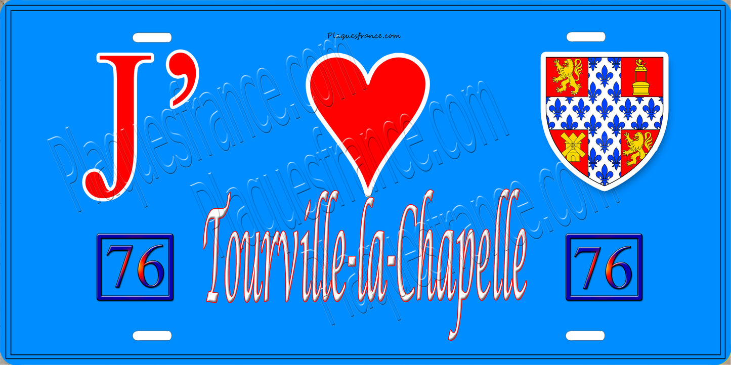 Plaque métal décorative J' ❤️ Tourville-la-Chapelle, Seine Maritime (76) bleu