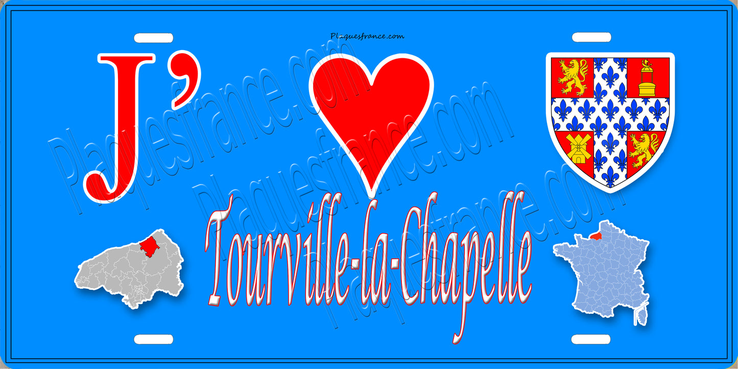 Plaque métal décorative J' ❤️ Tourville-la-Chapelle, Seine Maritime (76) bleu carte