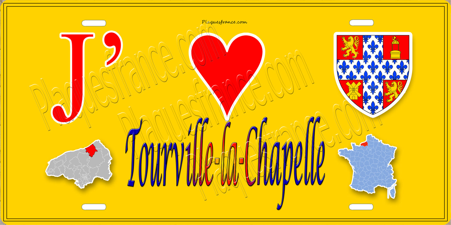 Plaque métal décorative J' ❤️ Tourville-la-Chapelle, Seine Maritime (76) jaune carte