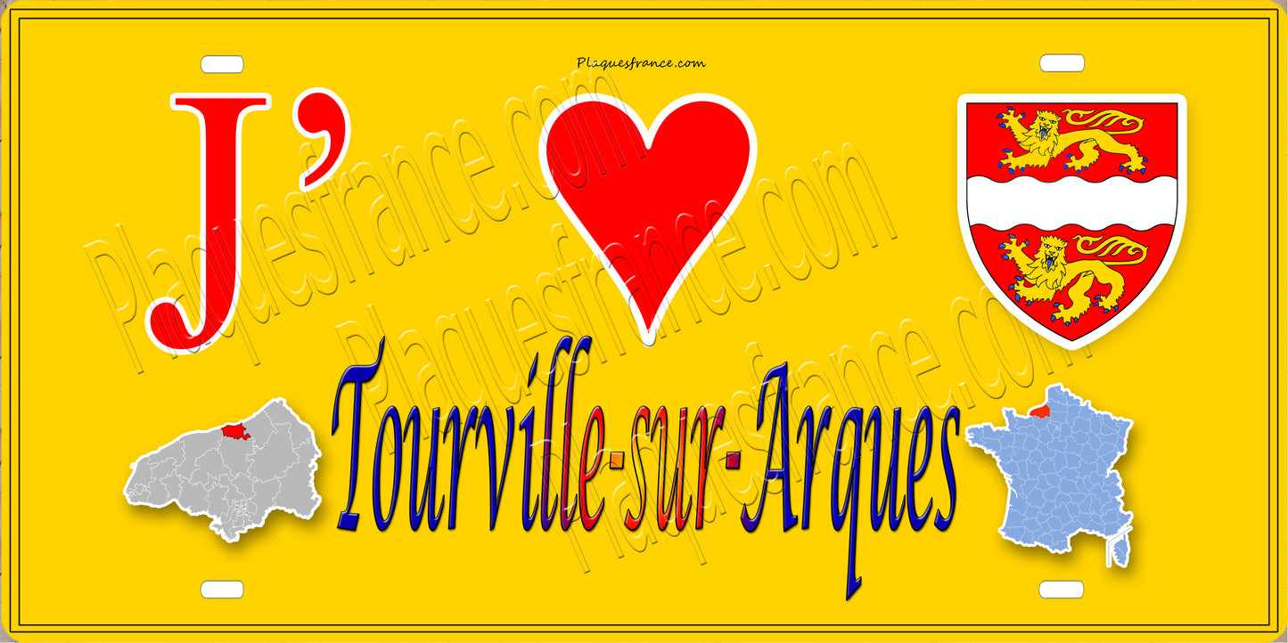 Plaque métal décorative 15x30 J' ❤️ Tourville-sur-Arques, Seine Maritime (76) jaune crte