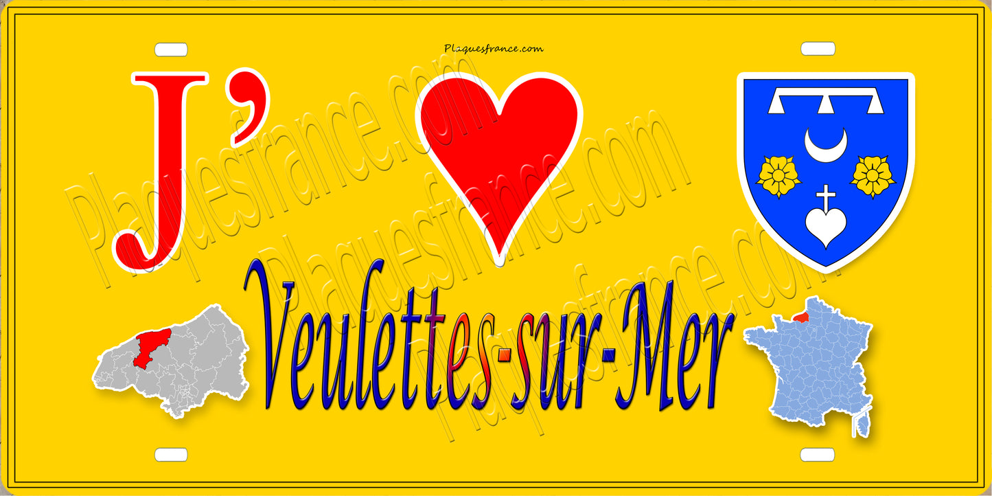 Plaque métal décorative 15X30 J' ❤️ Veulettes-sur-Mer, Seine Maritime (76) jaune carte