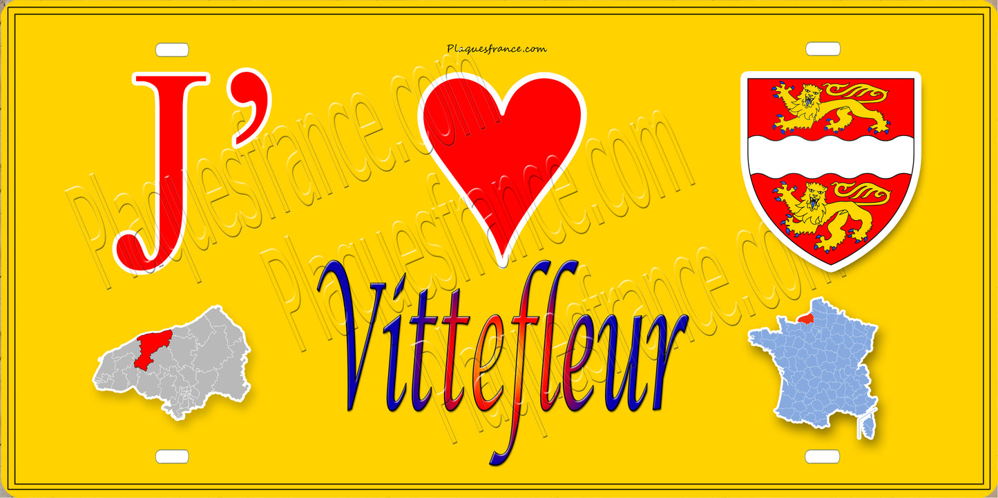 Plaque métal décorative 15X30 J' ❤️ Vittefleur, Seine Maritime (76) jaune carte