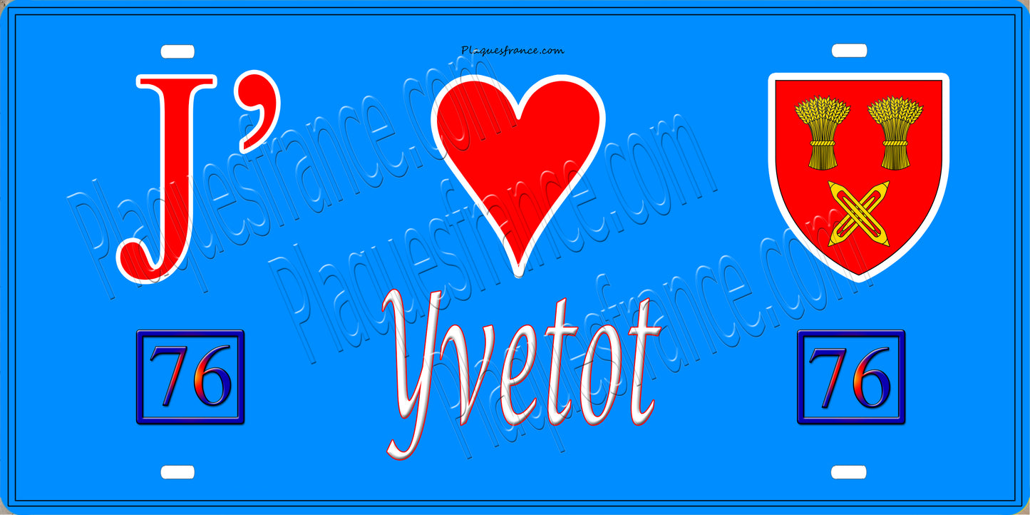 Plaque métal décorative 15X30 J' ❤️ Yvetot, Seine Maritime (76) bleu