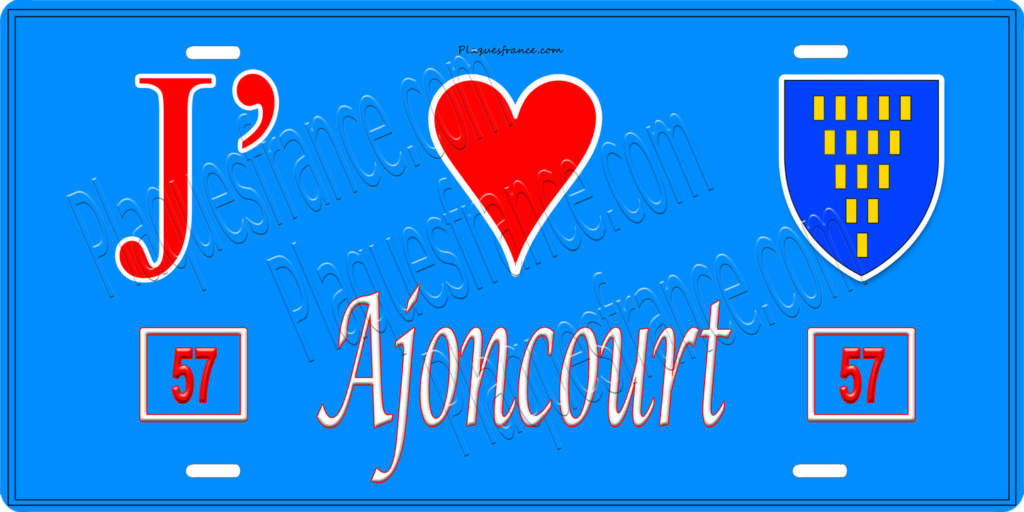 Plaque métal décorative 15 x 30 cm fond bleu 57 J' ❤️ Ajoncourt, canton du Saulnois Moselle 57