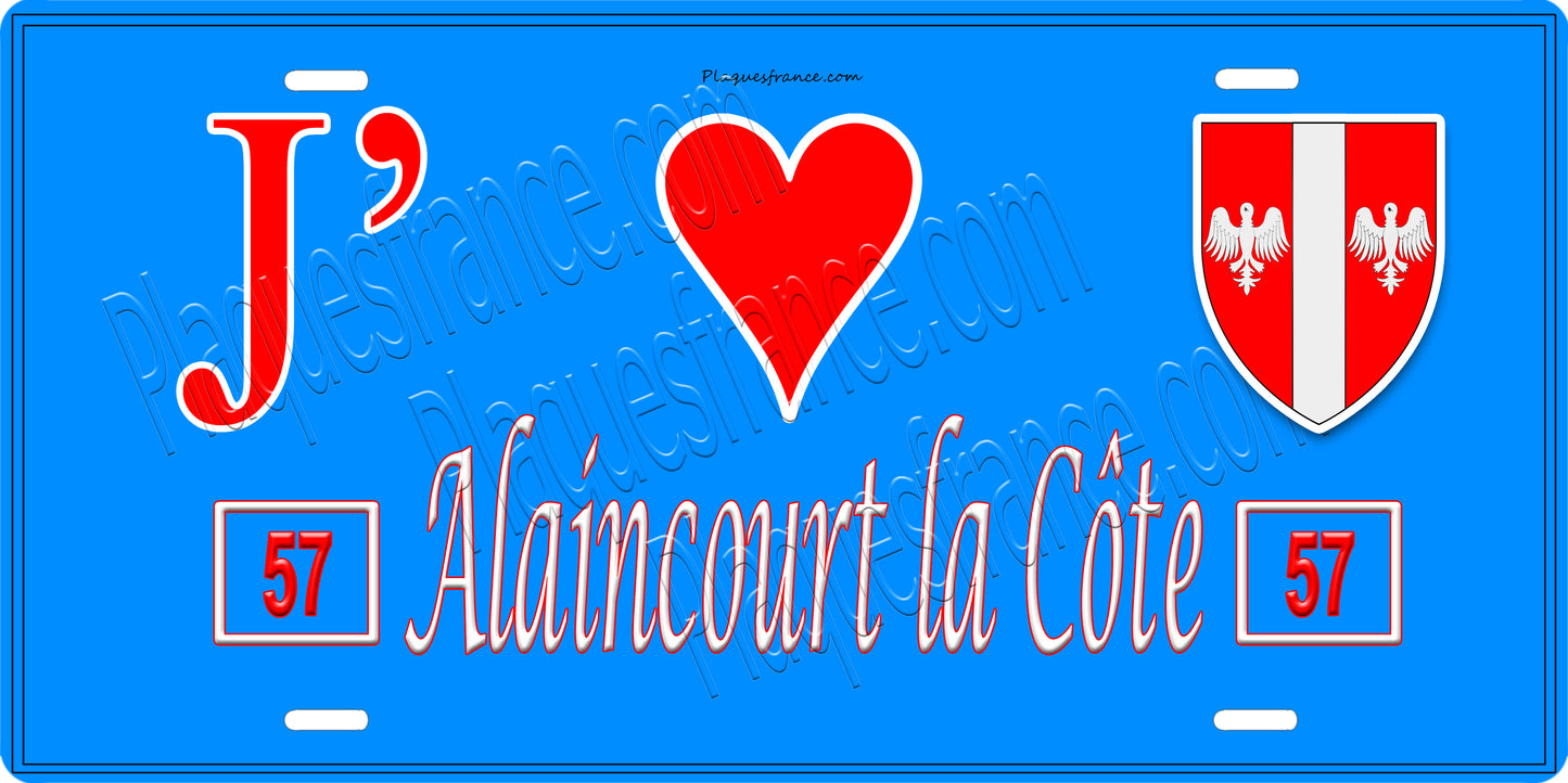 Plaque métal décorative 15 x 30 cm fond bleu 57 J' ❤️ Alaincourt la Côte, canton du Saulnois Moselle 57