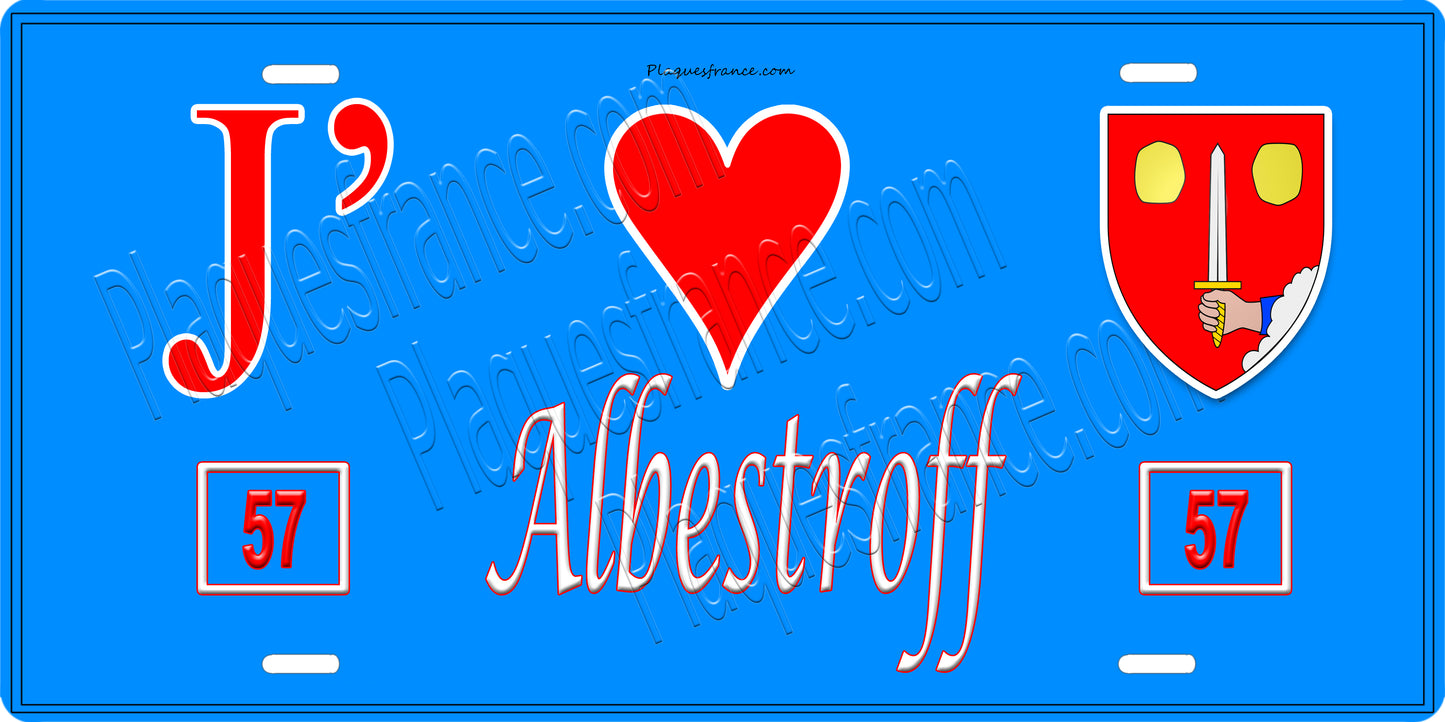 Plaque métal décorative 15 x 30 cm fond bleu 57 J' ❤️ Albestroff, canton du Saulnois Moselle 57