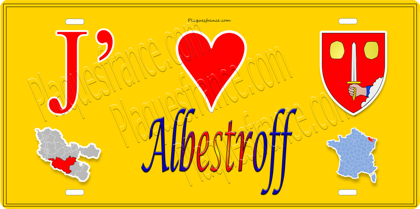 Plaque métal décorative 15 x 30 cm fond jaune carte J' ❤️ Albestroff, canton du Saulnois Moselle 57
