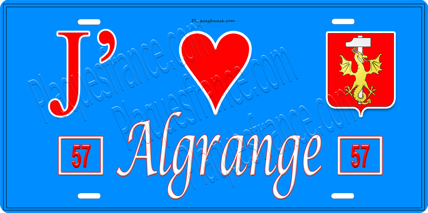 Plaque métal décorative J' ❤️ Algrange, Moselle, mur bleu 57