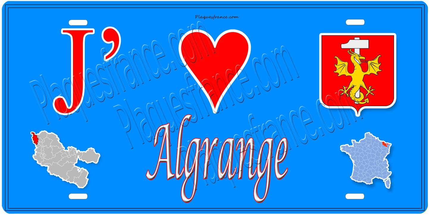 Plaque décorative J' ❤️ Algrange, Moselle, mur bleu carte