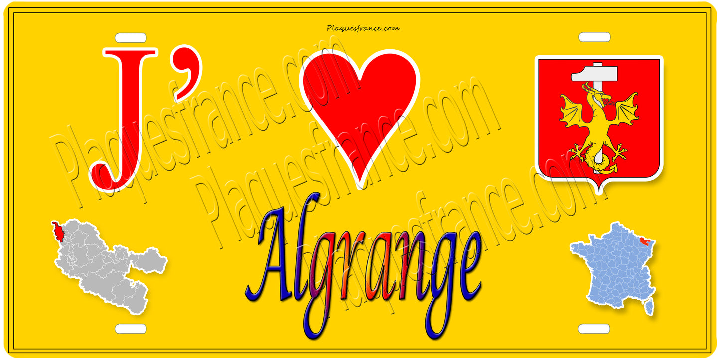 Plaque métal décorative J' ❤️ Algrange, Moselle 57