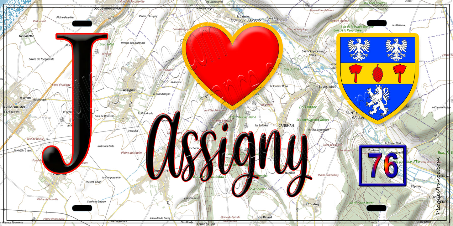 Plaque métal décorative J' ❤️ Assigny, Seine Maritime (76)