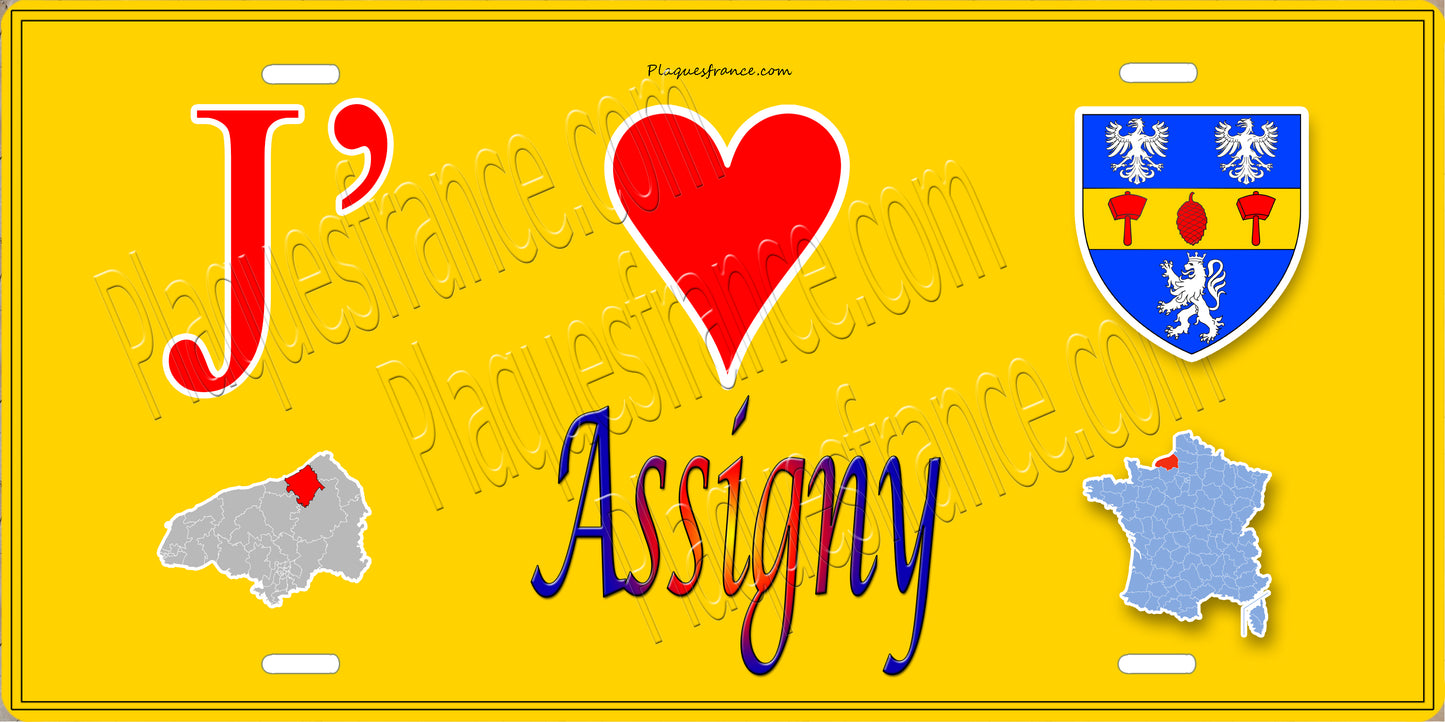 Plaque métal décorative J' ❤️ Assigny, Seine Maritime (76) jaune carte