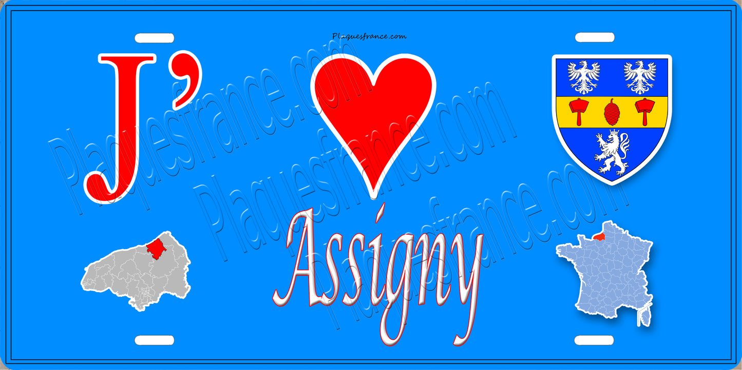 Plaque métal décorative J' ❤️ Assigny, Seine Maritime (76) bleu carte