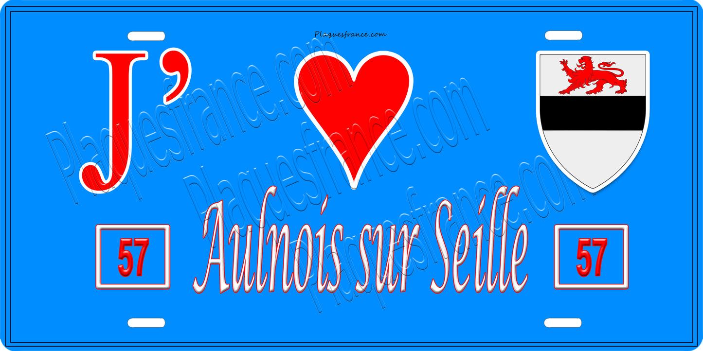Plaque métal décorative 15 x 30 cm fond bleu 57 J' ❤️ Aulnois sur seille, canton du Saulnois Moselle 57