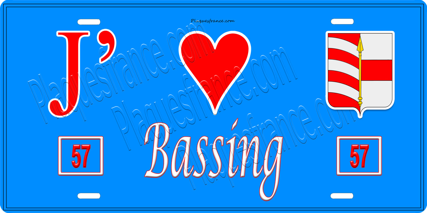 Plaque métal décorative 15 x 30 cm fond bleu 57 J' ❤️ Bassing, canton du Saulnois Moselle 57