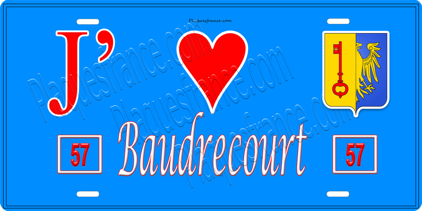 Plaque métal décorative 15 x 30 cm fond bleu 57 J' ❤️ Baudrecourt, canton du Saulnois Moselle 57