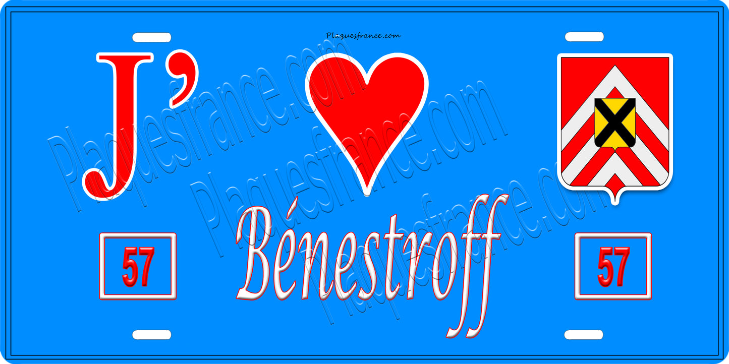 Plaque métal décorative 15 x 30 cm fond bleu 57 J' ❤️ Bénestroff, canton du Saulnois Moselle 57
