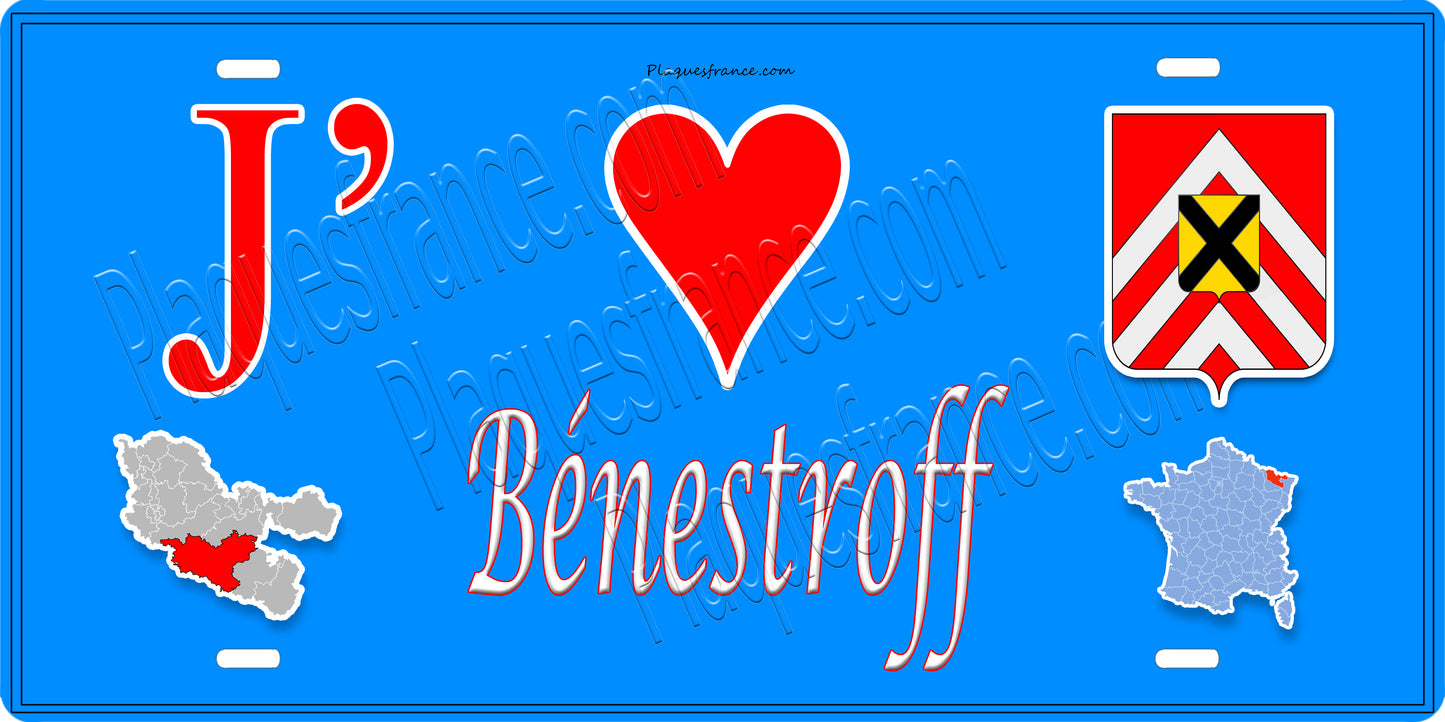 Plaque métal décorative 15 x 30 cm fond bleu carte J' ❤️ Bénestroff, canton du Saulnois Moselle 57