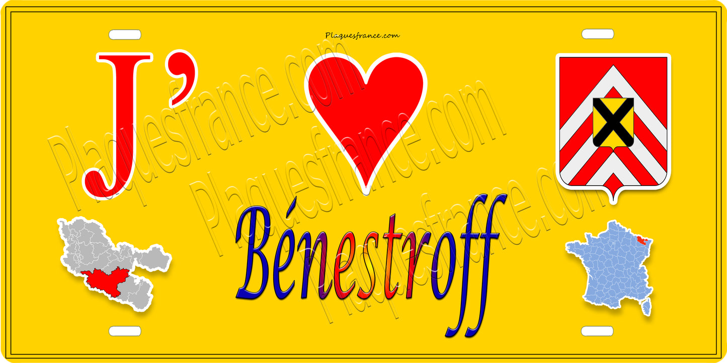 Plaque métal décorative 15 x 30 cm fond jaune carte J' ❤️ Bénestroff, canton du Saulnois Moselle 57