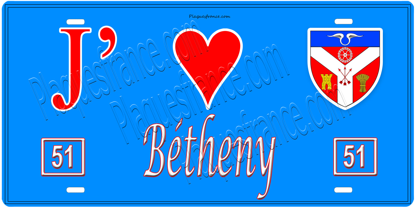 Plaque métal décorative, J' ❤️Bétheny, Marne, fond mur bleu 51