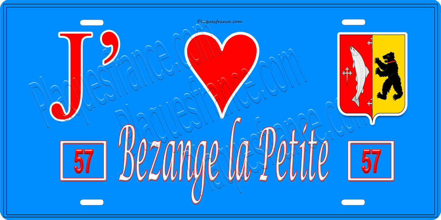 Plaque métal décorative 15 x 30 cm fond bleu 57 J' ❤️ Bezange la Petite, canton du Saulnois Moselle 57