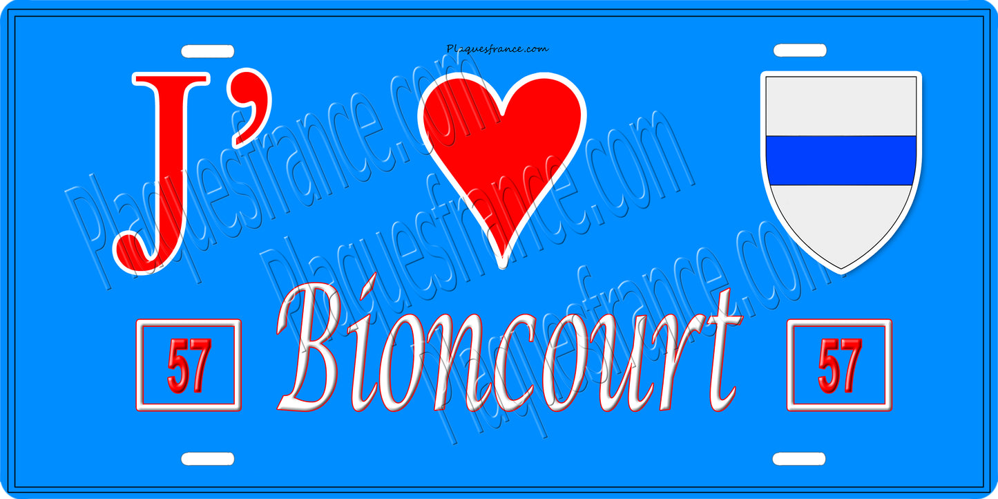 Plaque métal décorative 15 x 30 cm fond bleu 57 J' ❤️ Bioncourt, canton du Saulnois Moselle 57