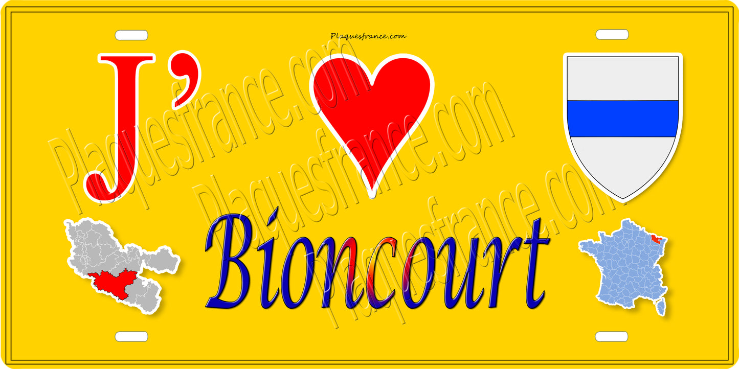 Plaque métal décorative 15 x 30 cm fond jaune carte J' ❤️ Bioncourt, canton du Saulnois Moselle 57