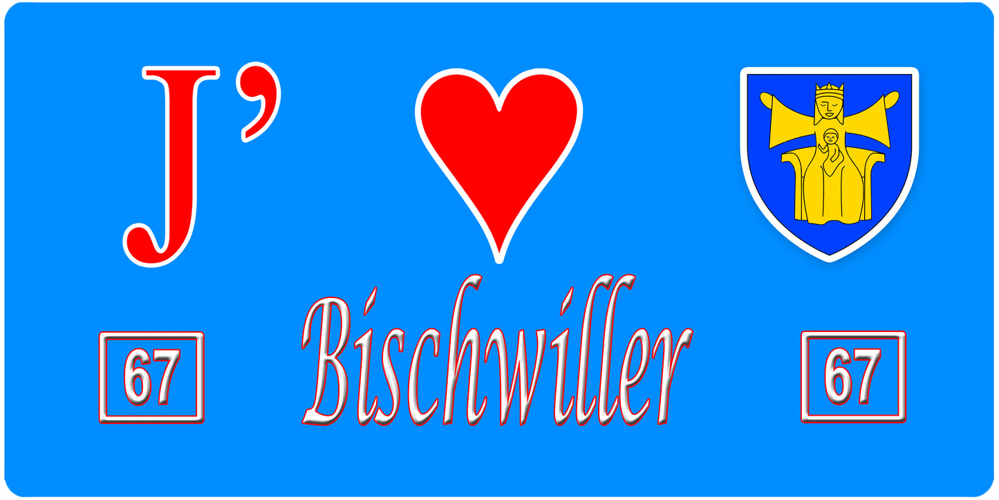 Plaque métal décorative, J' ❤️Bischwiller, Bas Rhin, fond mur bleu 67