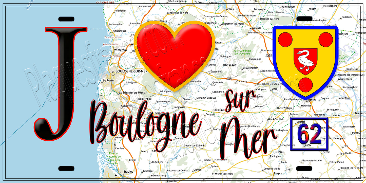 Plaque métal décorative J' ❤️ Boulogne sur Mer, Pas de Calais (62)