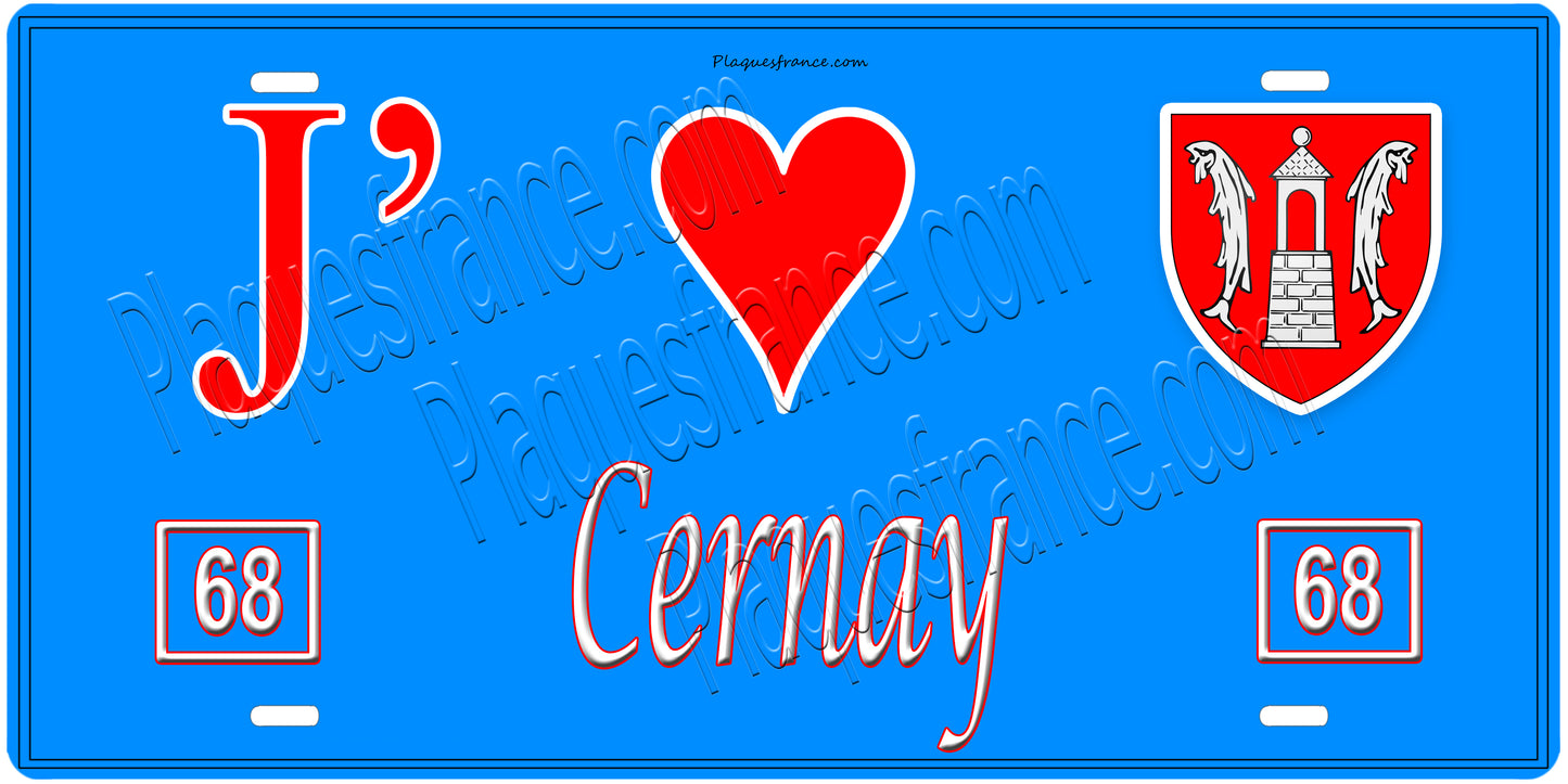 Plaque métal décorative, J' ❤️Cernay, Haut Rhin, fond mur bleu 68