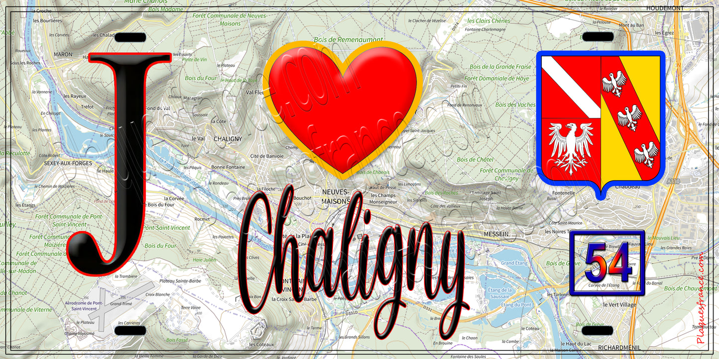 Plaque métal décorative J' ❤️ Chaligny, Meurthe et Moselle (54)