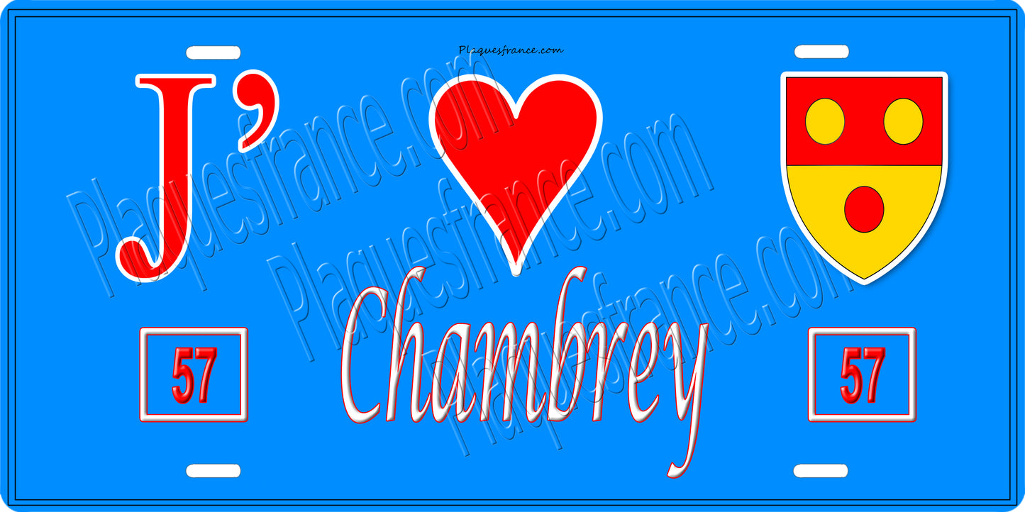 Plaque métal décorative 15 x 30 cm fond bleu 57 J' ❤️ Chambrey, canton du Saulnois Moselle 57
