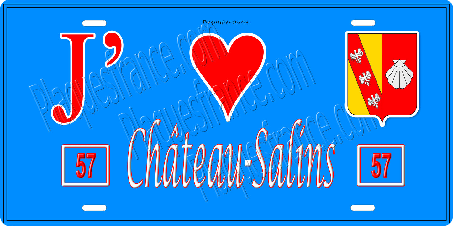 Plaque métal décorative 15 x 30 cm fond bleu 57 J' ❤️ Château Salins, canton du Saulnois Moselle 57