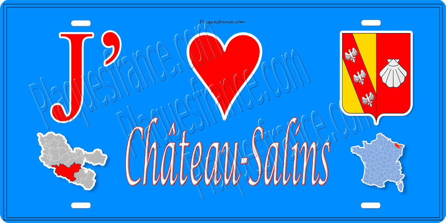 Plaque métal décorative 15 x 30 cm fond bleu carte J' ❤️ Château-Salins, canton du Saulnois Moselle 57