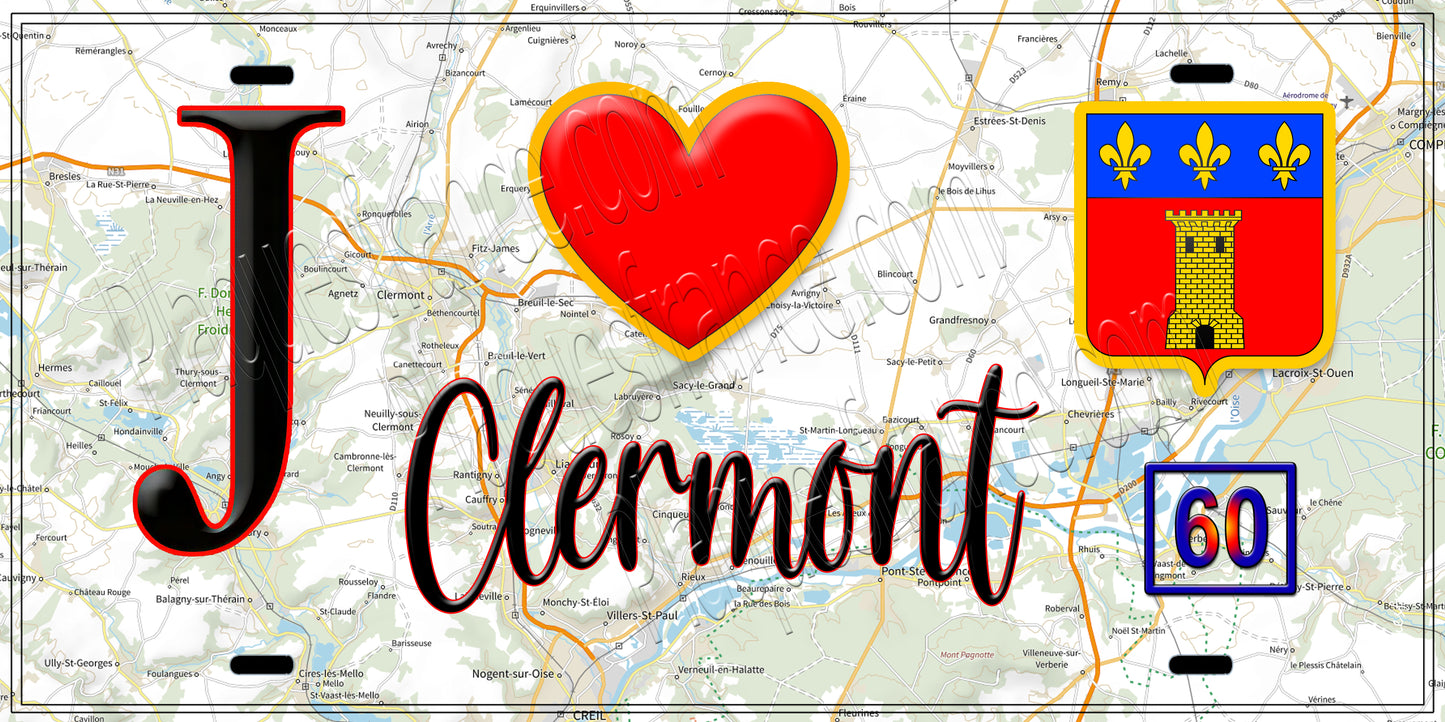 Plaque métal décorative J' ❤️ Clermont, Oise (60)