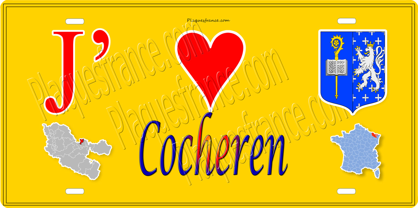 Plaque métal décorative 15 x 30 cm fond mur jaune carte J' ❤️Cocheren, canton Forbach Moselle 57