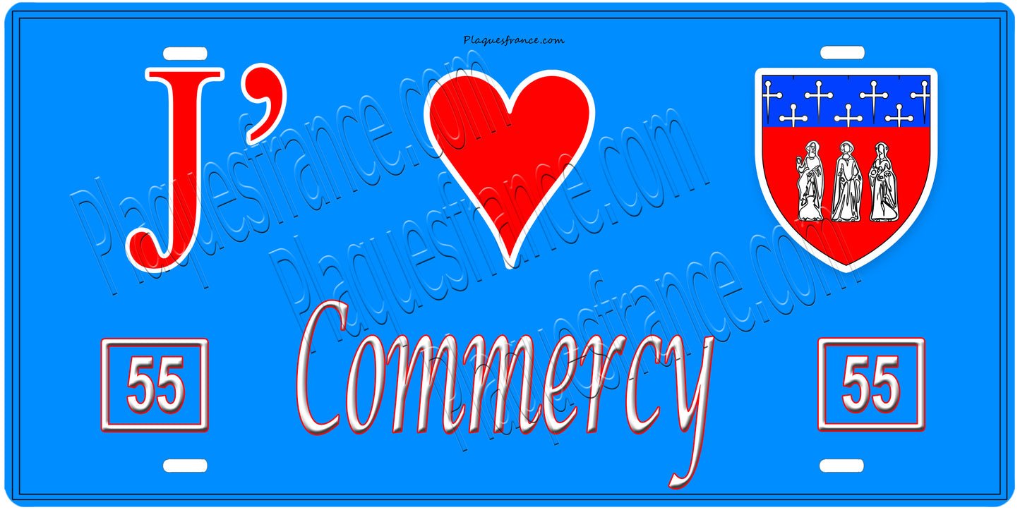Plaque métal décorative, J' ❤️Commercy, Meuse, fond mur bleu 55