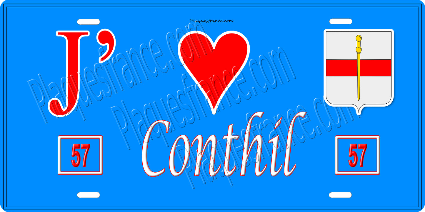 Plaque métal décorative 15 x 30 cm fond bleu 57 J' ❤️ Conthil, canton du Saulnois Moselle 57